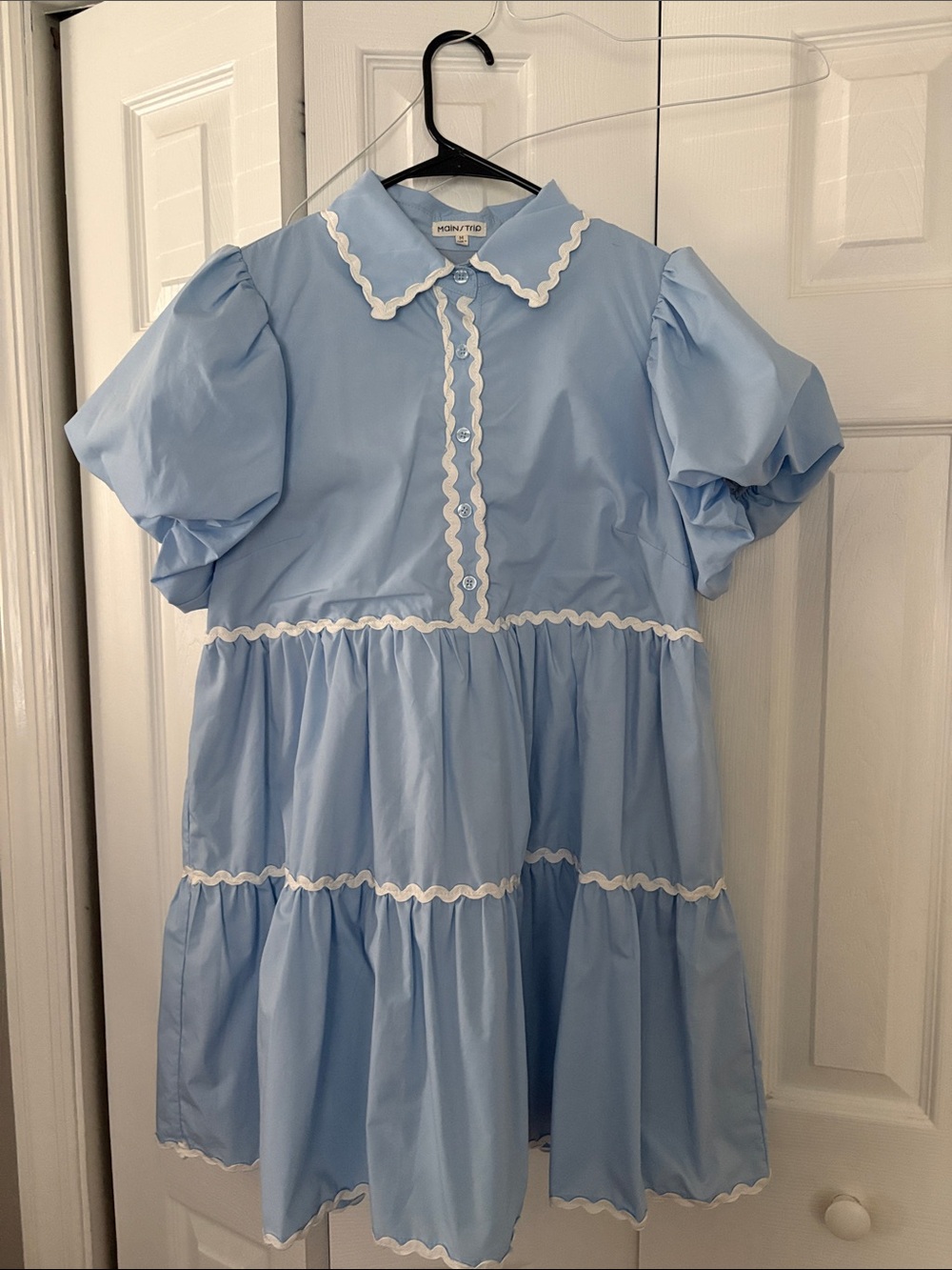 Light Blue Tiered Puff Sleeve Dress with White Ric Rac
